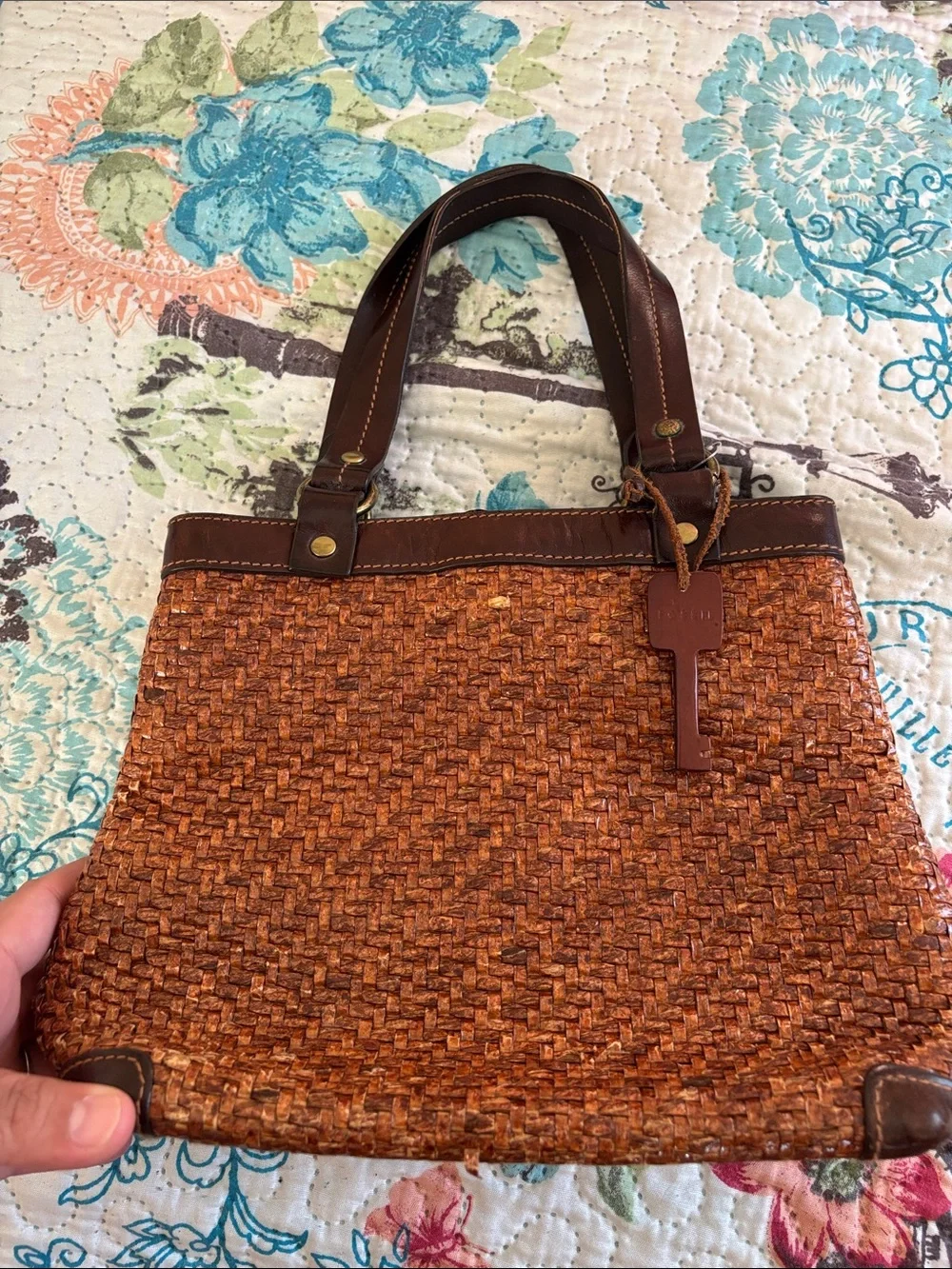 Fossil Brown Woven Tote with Dark Leather Trim